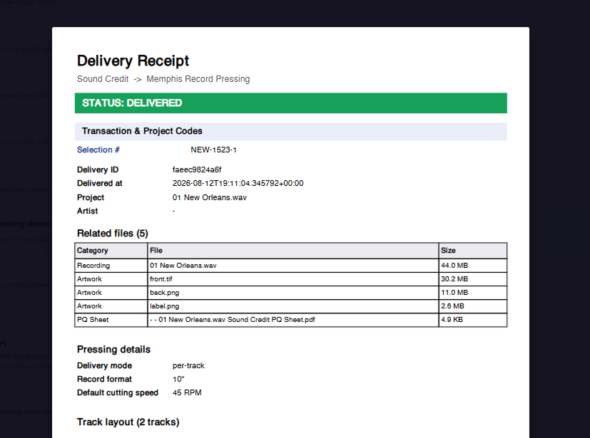 Delivery receipt confirming a submission to Memphis Record Pressing
